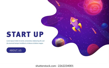 Página de aterrizaje espacial. nave espacial con cohetes en galaxia estrellada. Banner web de vectores para inicio de negocio, lanzamiento de proyecto o presentación de producto. La nave espacial de dibujos animados empieza en el Universo, exitoso promotor de ideas