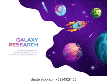 Raumfahrtseite. Raketenraumschiff im Weltraum der Cartoon Galaxie mit Fantasieplaneten, Sternen und Asteroiden. Vektor-Website-Vorlage für Unternehmensgründungen, Astronomie-Webbanner