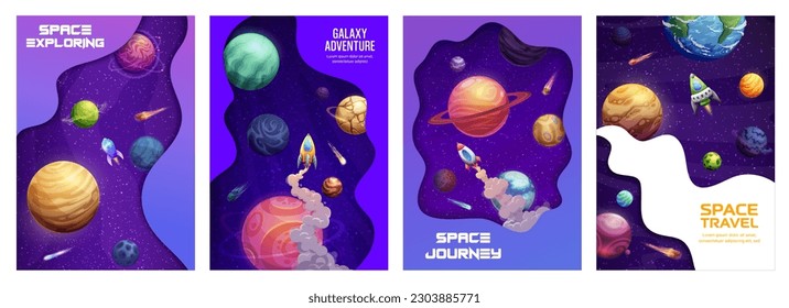 Space landing page. Starry galaxy, planets and rocket spaceship. Company landing page layout, startup launch site vector template or project posters with cartoon rockets in outerspace, planets