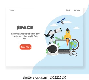 Space landing page template. Vector flat style design concept for space website and mobile site development. Telescope, satellite, rocket, astronaut helmet, globe and laptop.