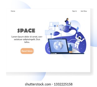 Space landing page template. Vector illustration of young woman and astronaut from the Moon communicating via internet. Space communication technologies concept for website and mobile site development