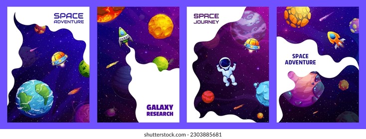 Space landing pages and posters, space adventure, research and journey, vector website templates. Galaxy landing pages with astronauts in spaceships, UFO, planets and stars or cartoon rockets