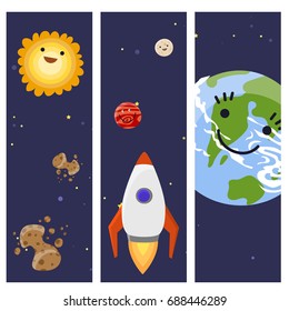 Space landing planets spaceship cards design future exploration space ship rocket shuttle vector illustration