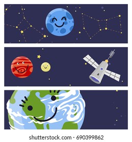 Space landing planets spaceship cards design future exploration space ship rocket shuttle vector illustration