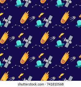 Space landing planets spaceship seamless pattern background future exploration space ship rocket shuttle vector illustration