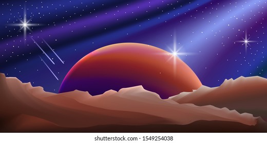Space landscape against the blue sky. Planets in the rays of light. View from the surface of another planet.