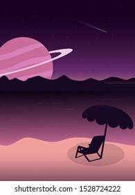 Space Landscape background.Chill mood sit in front of the sea and look on the beautiful sky with planet and stars.Background vector illustration eps.10