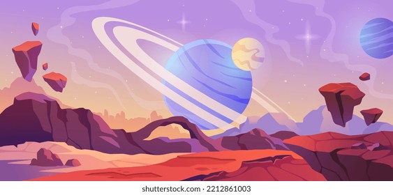 Space landscape. Banner or background with alien planets, saturn, mountains, stars and stones. universe or galaxy. Design element for fantasy game about cosmos. Cartoon flat vector illustration