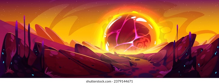 Space landscape with burning asteroid on horizon. Vector cartoon illustration of desert alien planet surface, stone road with rocks, orange hot lava ball in night sky, apocalypse explosion effect