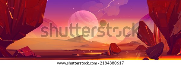Space landscape cartoon illustration with\
rocks and craters, large alien planet on horizon. Fantasy scene of\
mysterious stars, satellite and meteors in purple sky. Astronomy\
science. Cosmic\
background