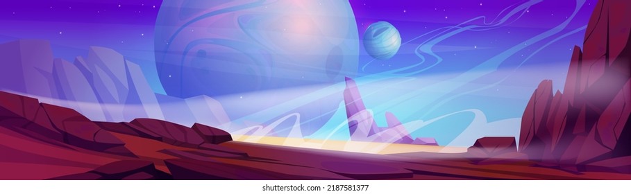 Space Landscape Cartoon Illustration. Vector Panorama Of Fantastic Alien Planet With Red Rocky Surface And Many Stars Shining On Horizon. Cosmic Adventure Game Background. Galaxy Exploration