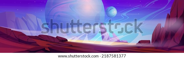 Space landscape cartoon illustration. Vector\
panorama of fantastic alien planet with red rocky surface and many\
stars shining on horizon. Cosmic adventure game background. Galaxy\
exploration