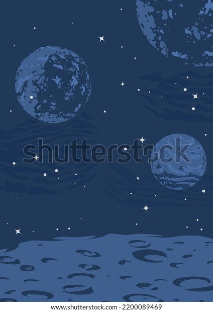 Space landscape colorful flyer vintage\
mysterious universe or galaxy with stars and planets in dark\
boundless sky vertical vector\
illustration
