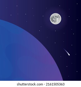 Space landscape. Cosmic planet surface, futuristic celestial bodies landscape, stars and comets view vector background illustration. Moon at distance, close view of planet. Lifeless land.