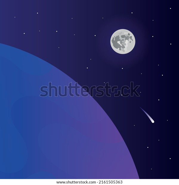Space landscape. Cosmic planet surface, futuristic\
celestial bodies landscape, stars and comets view vector background\
illustration. Moon at distance, close view of planet. Lifeless\
land.