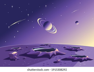 Space landscape depicting the surface of the planet in craters, starry sky and planets in cartoon style. Space horizontal vector illustration background.