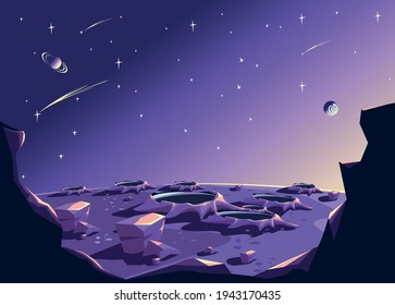 El paisaje espacial representa la superficie del planeta en cráteres, cielo estrellado y planetas al estilo de las caricaturas. Fondo de la ilustración horizontal del vector espacial.