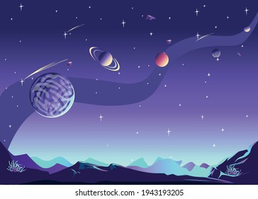 Space landscape depicting the surface of the planet in craters, starry sky and planets in cartoon style. Space horizontal vector illustration background.