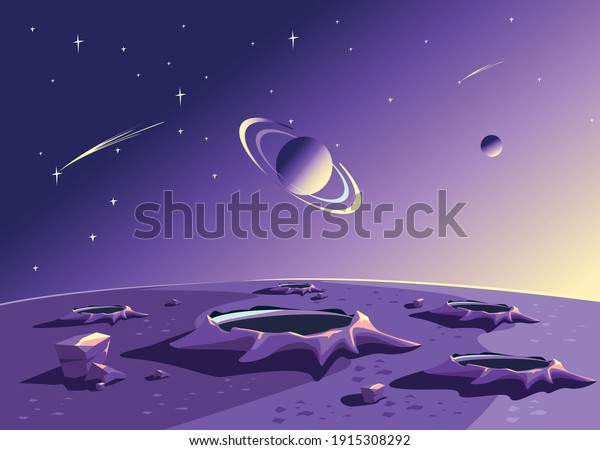 Space landscape depicting the\
surface of the planet in craters, starry sky and planets in cartoon\
style. Space horizontal vector illustration\
background.