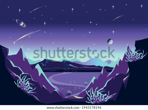 Space landscape depicting the\
surface of the planet in craters, starry sky and planets in cartoon\
style. Space horizontal vector illustration\
background.