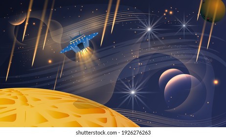 space landscape. futuristic starship flies over an orange planet against the background of outer space with silhouettes of planets, stars, glow, meteorites. vector