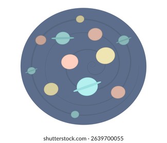 Space landscape. Galaxy. Color vector illustration. Planets rotate in a spiral orbit. Isolated white background. Cartoon style. Idea for web design.