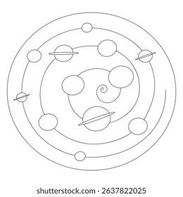 Space landscape. Galaxy. Sketch. Vector illustration. Planets are arranged in a rounded spiral. Doodle style. Coloring book for children. Idea for web design.