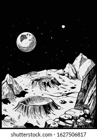 Space landscape. Grayscale vector illustration. Great for print