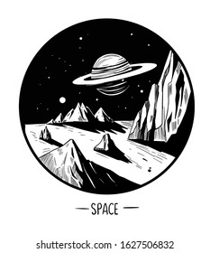 Space landscape. Grayscale vector illustration. Great for print