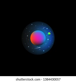 Space landscape illustration of a futuristic exoplanet with a satellite against a starry sky with flying comets, the scientific discovery of the planets with life print round emblem on a t-shirt