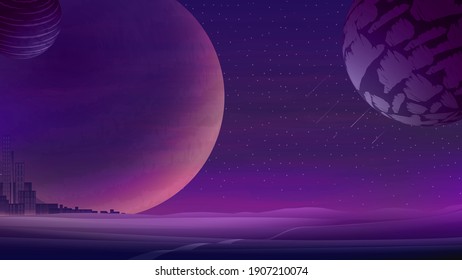 Space Landscape With Large Planets On Purple Starry Sky And City On Horizon, Nature On Another Planet. Vector Illustration.