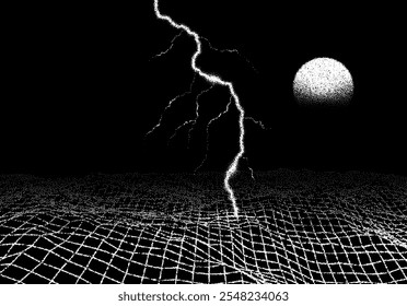 Space landscape with lightning strike in retro book style. Dotwork scene with grid terrain, and thunderbolt