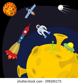 Space landscape: Moon and alien. UFO and rocket. Vector illustration. 