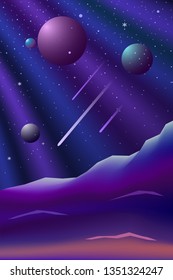 Space landscape on a dark blue sky. Planets in the rays. Multicolored nature on another planet. Vector illustration