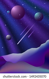 Space landscape on a dark blue sky. Planets in the rays. Multicolored nature on another planet. Vector illustration