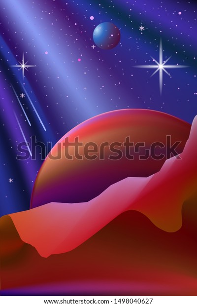Space\
landscape on a dark blue sky. Planets in the rays. Multicolored\
nature on another planet. Vector\
illustration