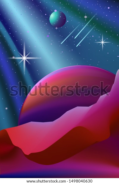 Space\
landscape on a dark blue sky. Planets in the rays. Multicolored\
nature on another planet. Vector\
illustration