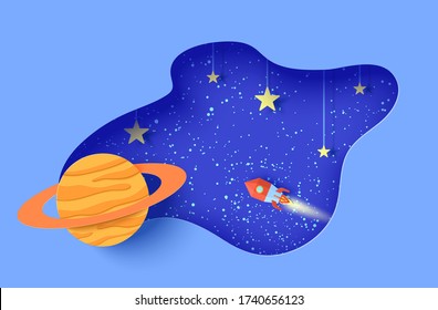 Space landscape in paper cut style. Cartoon 3d Saturn planet, red polygonal rocket. Abstract vector frame with stars on rope in starry night sky. Kids card illustration of paper craft galaxy