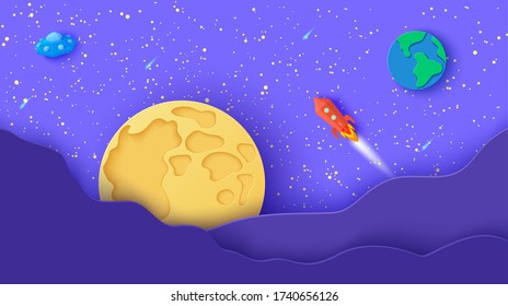 Space landscape in paper cut style. Cartoon Moon and Earth planets, red polygonal rocket and origami UFO. Kids illustration of paper craft galaxy. 3d vector card with flying saucer in starry night sky