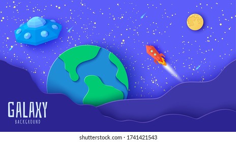 Space landscape in paper cut style. Cartoon Moon and Earth planets, red polygonal rocket and origami UFO. Kids illustration of paper craft galaxy. 3d vector card with flying saucer in starry night sky