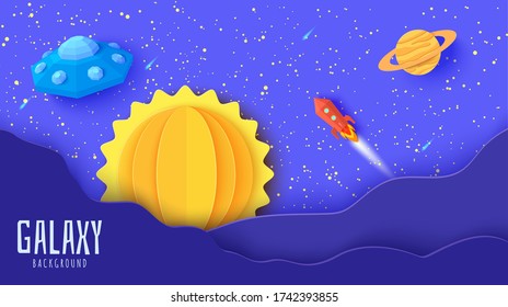 Space landscape in paper cut style. Cartoon Sun and Saturn planets, red polygonal rocket and origami UFO. 3d vector card with flying saucer in starry night sky, Kids illustration of paper craft galaxy