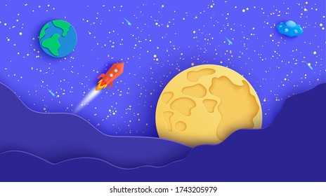 Space landscape in paper cut style. Cartoon Moon and Earth planets, red polygonal rocket and origami UFO. Kids illustration of paper craft galaxy. 3d vector card with flying saucer in starry night sky