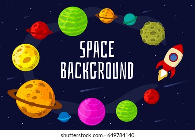 Space landscape with planet and rocket. Space for your text. Vector illustration. Flat design.