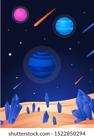 Space landscape poster - colorful view from sand planet with blue crystals to dark galaxy night sky with planets and asteroid-meteor shower. Vector illustration