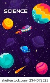 Afiche del paisaje espacial. Amanecer, cometa, planetas de galaxia y estrellas. El motor vectorial futurista o el viaje de naves espaciales en el Universo exploran palabras alienígenas. Misión de exploración cósmica, viaje