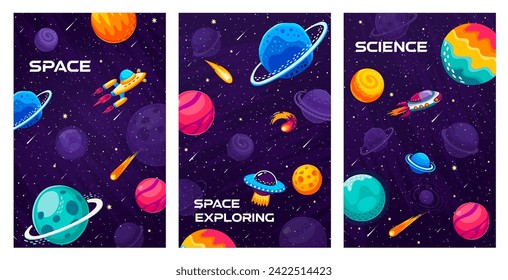 Space landscape posters with spaceship and starship, galaxy planets and stars, cartoon vector background. Outer space landscape with rocket and alien UFO in starry sky for kids space adventure