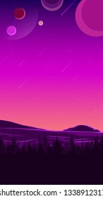 Space landscape in purple tones, nature on another planet. Vector illustration.