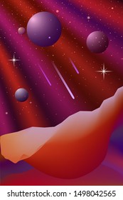 Space landscape in red colors. Planets in the rays. View from the surface of another planet.