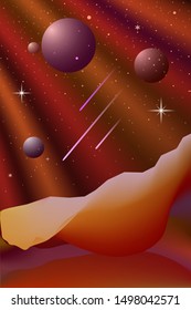 Space landscape in red colors. Planets in the rays. View from the surface of another planet.
