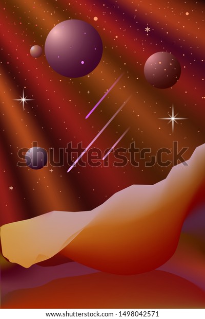Space landscape in red colors. Planets\
in the rays. View from the surface of another\
planet.